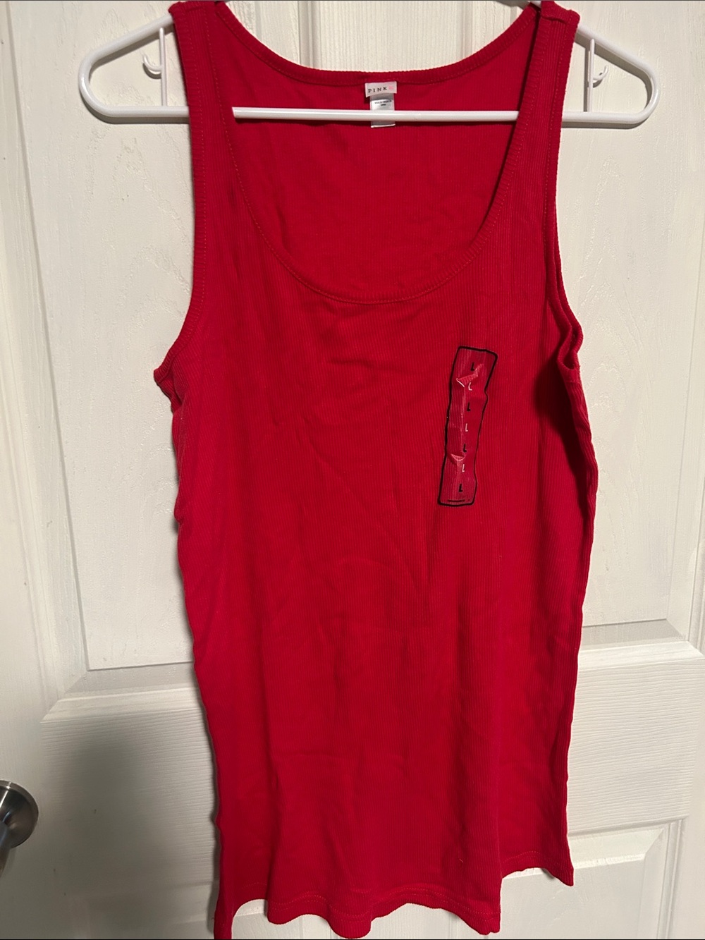 PINK Victoria's Secret Red Ribbed Scoop Tank with Logo Patch